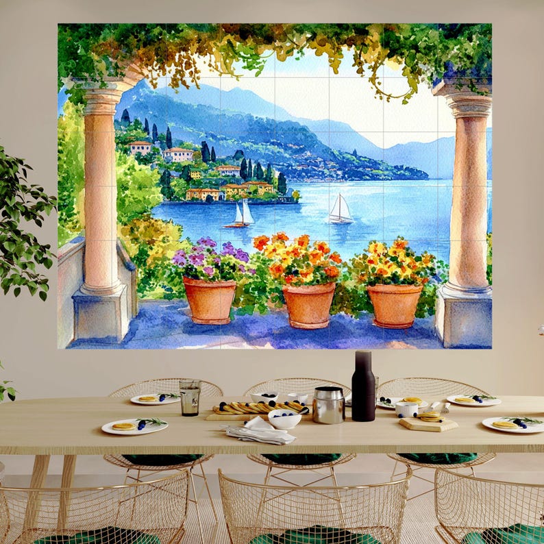 Italian Lake Como Large CERAMIC TILE MURAL Tile Mosaic Italian Landscape Ceramic Wall Art Vintage Home Decor Handmade Mosaic Landscape Art