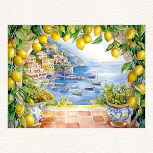 Italian CERAMIC Tile MURAL MOSAIC Amalfi Coast Italian Landscape Lemon Wood Pattern Handmade Tiles Landscape Art Vintage Home Decor