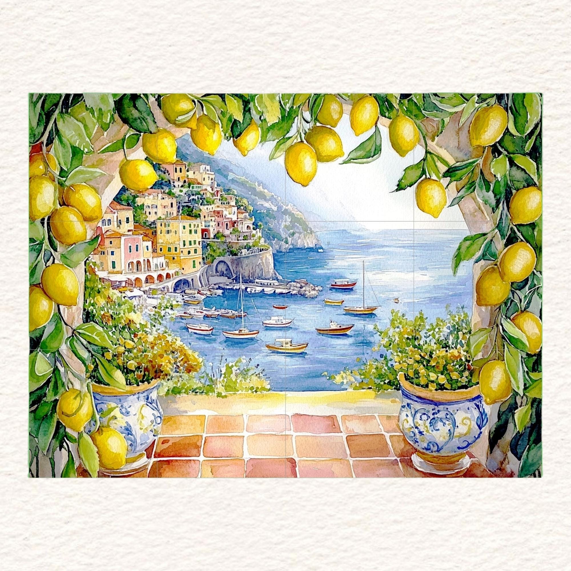 Italian CERAMIC Tile MURAL MOSAIC Amalfi Coast Italian Landscape Lemon Wood Pattern Handmade Tiles Landscape Art Vintage Home Decor