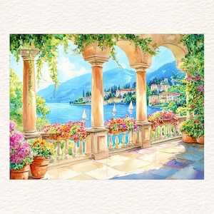 Peut inclure: Une peinture à l'aquarelle d'un balcon donnant sur un lac avec des voiliers. Le balcon a des colonnes blanches et est décoré de fleurs colorées. Le lac est entouré de collines verdoyantes et de bâtiments.