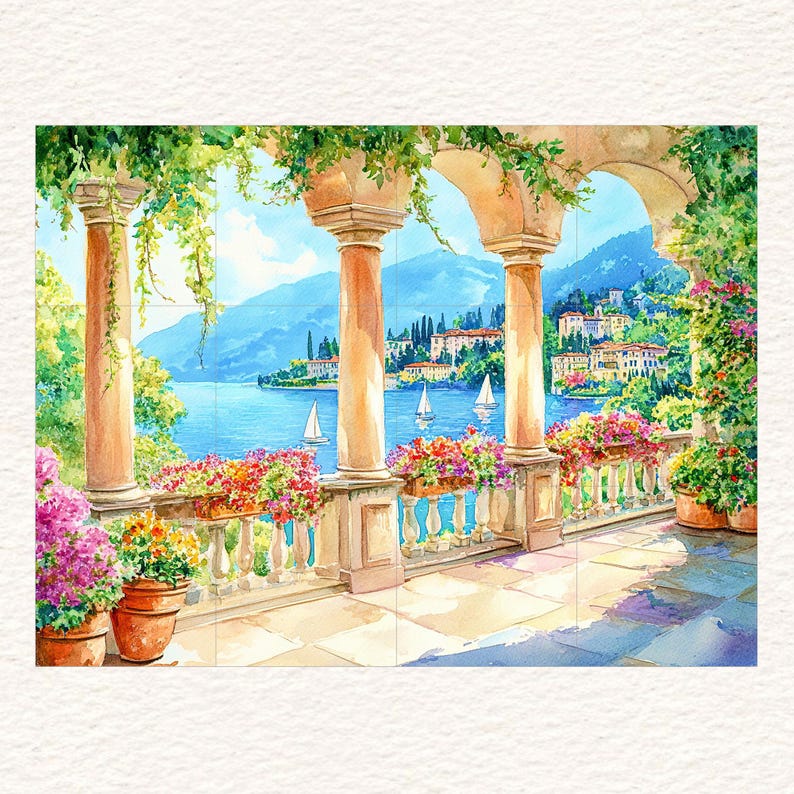 Lake Como Italy CERAMIC TILE MURAL Tile Mosaic Italian Landscape Ceramic Wall Art Vintage Home Decor Handmade Mosaic Landscape Art