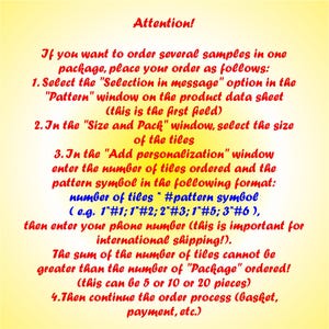 May include: Instructions on how to order multiple samples of tiles in one package. The instructions include selecting the pattern, size, and quantity of tiles. It also mentions entering a phone number for international shipping.