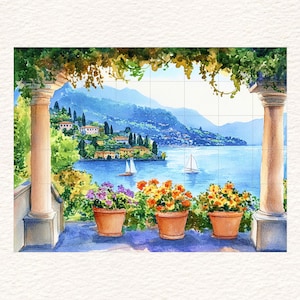 Italian Lake Como Large CERAMIC TILE MURAL Tile Mosaic Italian Landscape Ceramic Wall Art Vintage Home Decor Handmade Mosaic Landscape Art