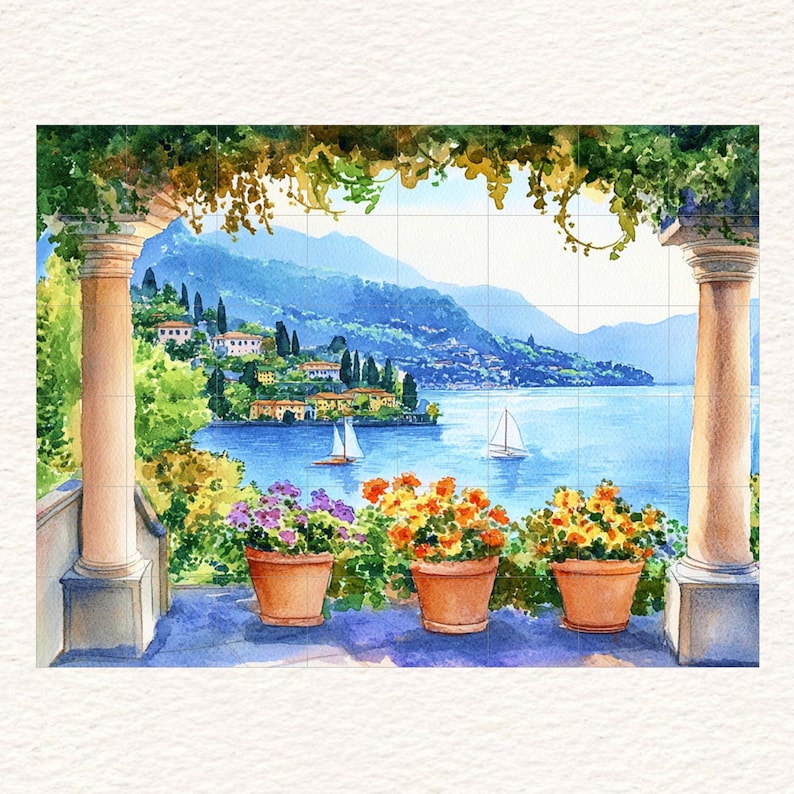 Italian Lake Como Large CERAMIC TILE MURAL Tile Mosaic Italian Landscape Ceramic Wall Art Vintage Home Decor Handmade Mosaic Landscape Art