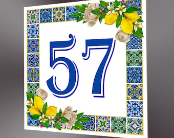 Ceramic House Number Tile: Mediterranean Lemon Motif, Rustic Italian Style