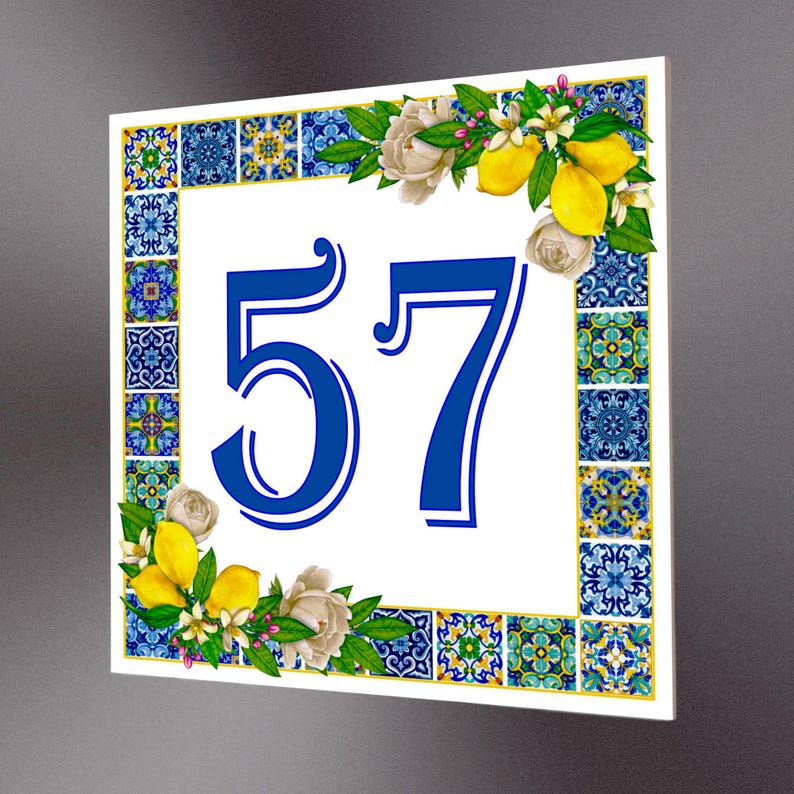 CERAMIC HOUSE NUMBER from Ceramic Tile Mediterranean Style Lemon Motifs Rustic Italian Custom Number Unique House Sign Outdoor Personal Gift