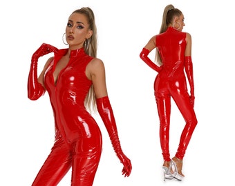 Rode Latex bodysuit, Latex Catsuit, Latex jurk, Dominatrix Outfit