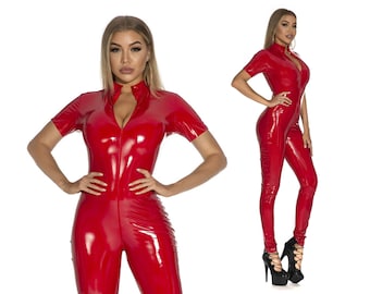 Roter Latex Catsuit Frauen, Latex Kleid, Domina Outfit, Latex Body