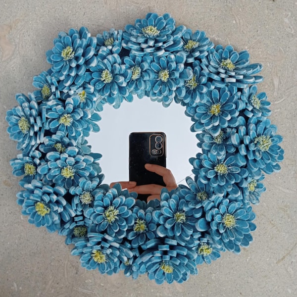 Handmade Wall Mirror, Decorative mirror, Ceramic flower sculpture, Garden Decor, Home Decor, Green mirror, 27 cm diameter