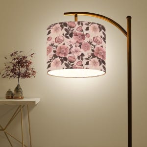 Floral Linen Lampshade Floor Lamp: Adjustable Black Standing Lamp, USA Made
