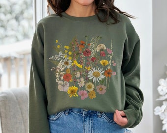 Sudadera vintage Flores prensadas Boho Cottagecore Pullover Primavera Witchy Ropa Estética Flores silvestres Suéter Jardinero Amante de la naturaleza Regalo