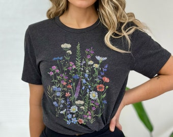 Vintage T-Shirt Gepresste Blumen Cottagecore Shirt Ästhetisches Boho Floral Tee Wildblumen Natur Liebhaber Geschenk Pflanzen Botaniker Gärtner Geschenk