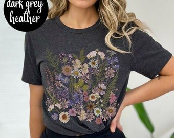 Gepresste Wildblumen T-Shirt Cottagecore Fairycore Shirt Ästhetisches Minimalistisches Grafik T-Shirt Boho Pastell Vintage Tshirt Botanisches Blumen Shirt
