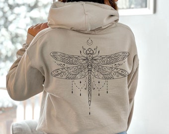 Dragonfly Hoodie Mystical Mandala Insect Cottagecore Divine Graphic Pullover Minimalist Witchy Everyday Oversized Unisex Hoodie