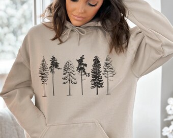 Pine Trees Hoodie Immergrüne Bäume Wald Jumper Bäume Geschenk für Naturliebhaber Camping Grafik Pullover Wandern Abenteuer Cottagecore Sweatshirt