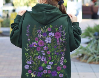 Vintage Hoodie Boho Cottagecore Pastell Kapuzen-Sweatshirt Botanischer Floral Fairycore Pullover Übergroßer gepresster Blumen Wildblumen Hoodie