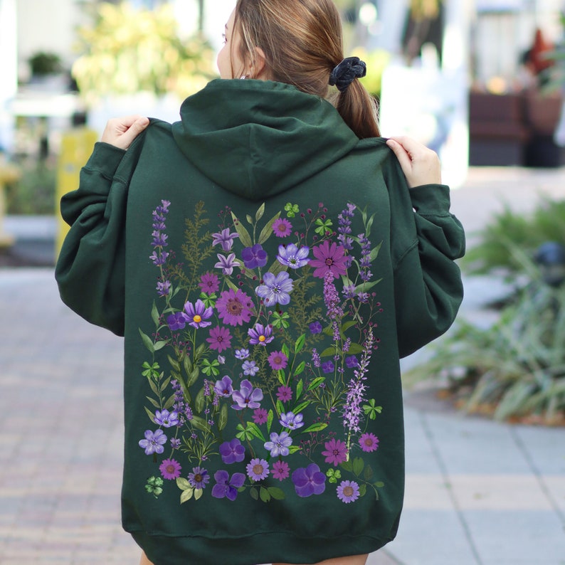 Vintage Hoodie Boho Cottagecore Pastel Hooded Sweatshirt Botanical Floral Fairycore Pullover Oversized Pressed Flowers Wildflowers Hoodie zdjęcie 1