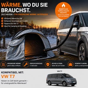 Puede incluir: Un sistema de calefacción portátil para tiendas de campaña conectado a una furgoneta VW T7 gris mediante una manguera flexible negra. La imagen incluye texto en alemán, como 'WÄRME. WO DU SIE BRAUCHST.' y 'KOMPATIBEL MIT: VW T7', junto a iconos informativos.