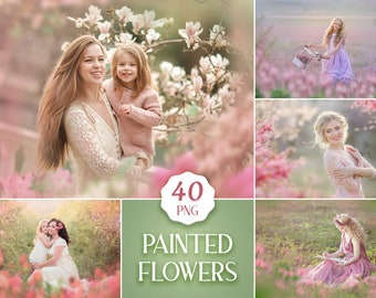 40 Painted Flower Overlays, Digital Floral Photoshop Art Frames, Bloeiende boomtakken voor fotobewerking voor fotografen, Summer Pack