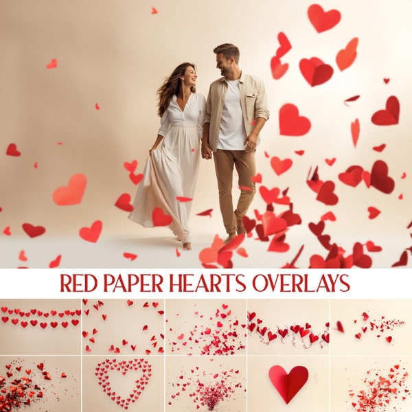 45 Red Paper Hearts Overlays, Digital Confetti Photoshop Texture, Red & Pink Blowing Kiss Romantic Overlay for Valentine's Day Photo Editing