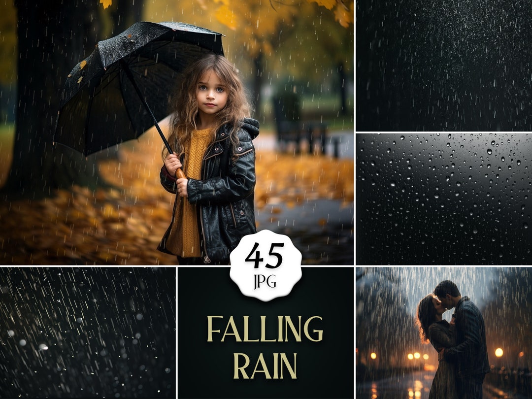 40 Falling Rain Overlays, Drizzle Digital Textures for Photo