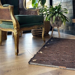 Brown Leather Runner Rug - Custom Rag Rug - Handmade Area Rug for Kitchen or Fireplace