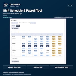 May include: A digital interface for a Shift Schedule & Payroll Tool by ClearQuoteCo. The screen displays a weekly schedule grid with staff names, shift times, and absence entries. Navigation buttons for previous and next weeks are visible.
