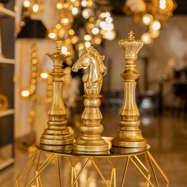 Golden Chess Set Statue, Large Chess Sculpture, Luxury Chess Statue, Handmade Modern Chess Figurines Set, Home Decor for living room, office