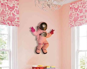 Pink Spaceman Statue, Astronaut Sculpture, Nordic Wall Decor Statue, for wall, Cosmonaut Wall Art, for childrens room decor, kids gift girl