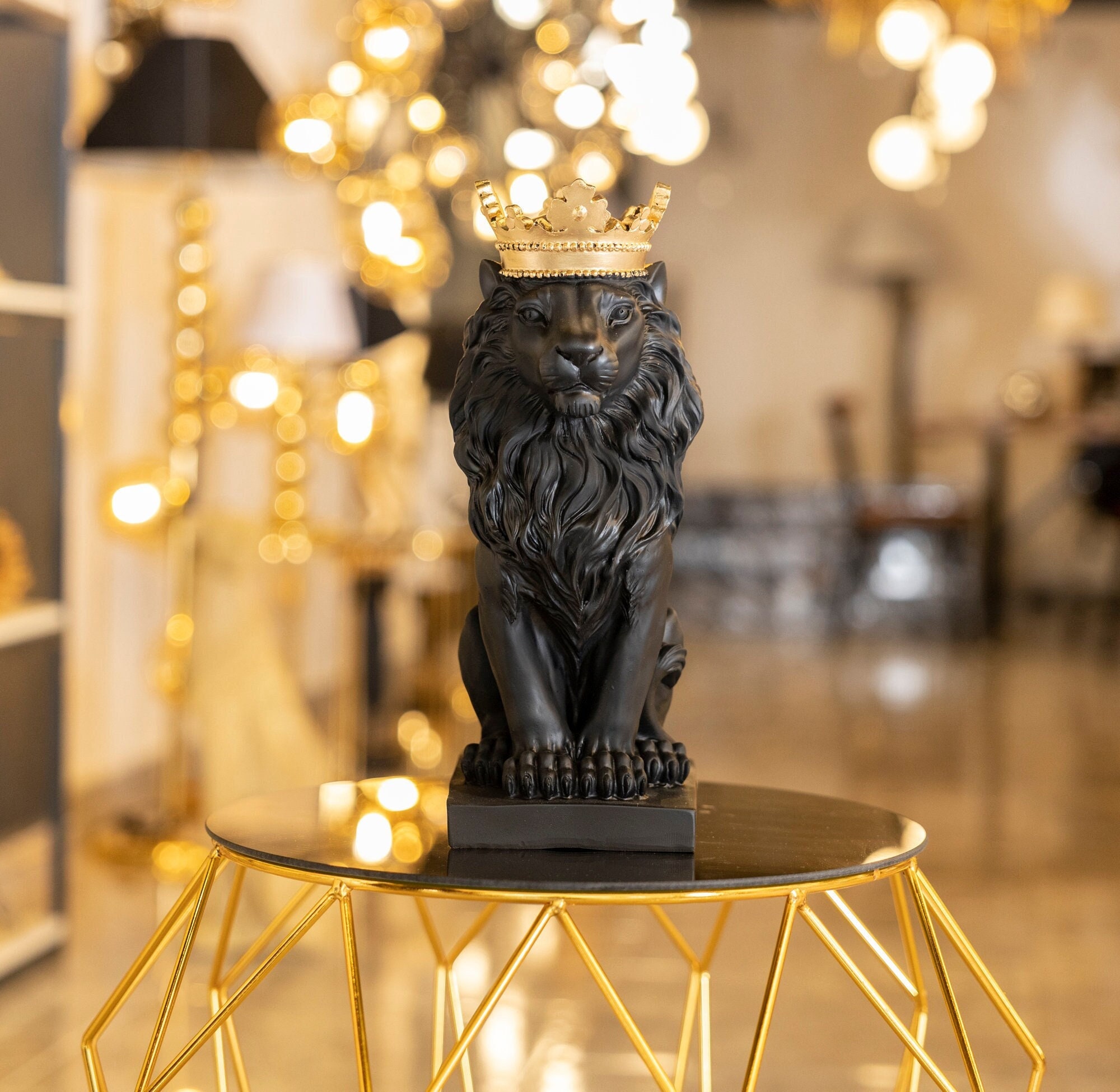King Lion Statue Black Gold Lion Sculpture Lion Home Decor Etsy