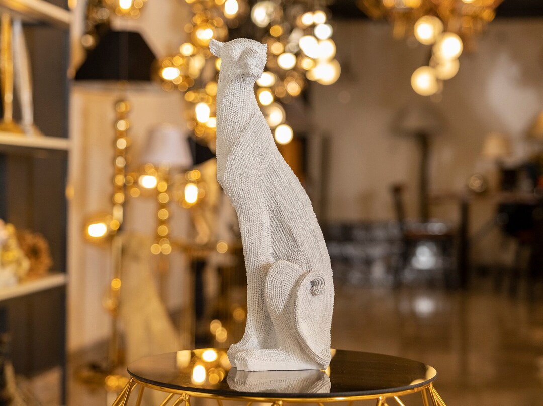 Modern Cheetah Sculpture, White Cheetah Statue, Large Cheetah Animal