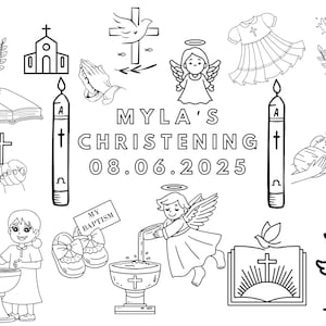 Op de afbeelding: Zwart-wit illustraties van doopsymbolen, waaronder kaarsen, een kerk, een duif, een engel, een jurk, een kelk, een boek, een kruis en een gedoopte baby. De tekst luidt "MYLA'S CHRISTENING 08.06.2025".