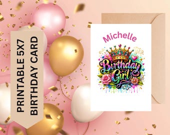 Può includere: Un biglietto di compleanno con il nome "Michelle" in rosa, una corona e le parole "Birthday Girl" in lettere colorate. Il biglietto è circondato da palloncini rosa, oro e bianchi, con coriandoli.