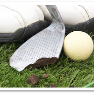 May include: A golf club with a chipped head, a white golf ball, and green grass.