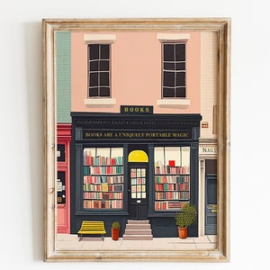 New York Bookshop Art Print – ilustracja księgarni w Nowym Jorku, plakat do czytania, przytulna sztuka książkowa, dekoracja ścienna z motywem literackim, prezent dla miłośnika książek