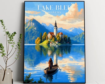 Lake Bled Travel Poster, Travel Print of Lake Bled, Slovenia Travel, Slovenia Art, Lake Bled Gift, Wall Art Print, Digital Download