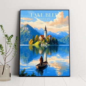 Lake Bled Travel Poster, Travel Print of Lake Bled, Slovenia Travel, Slovenia Art, Lake Bled Gift, Wall Art Print, Digital Download image 1