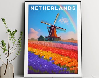 Amsterdam Windmill & Tulip Fields Art Print: Holland Landscape (Digital Download)