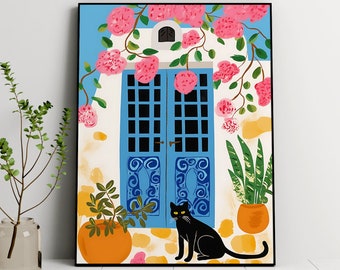 Black Cat in Greece Art Print: Floral Home Decor (Digital Download)
