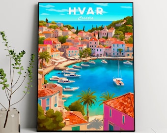 Póster turístico de Hvar, Croacia: Paisaje urbano colorido (descarga digital)
