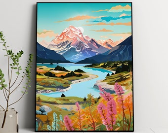 Impresión de Aoraki Mount Cook: Cartel de viaje del lago Pukaki de Nueva Zelanda (descarga digital)