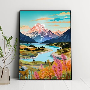 Aoraki Mount Cook Print New Zealand Travel Print  Lake Pukaki Travel Gift