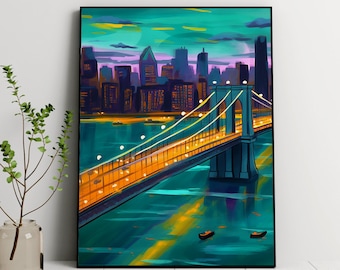 May include: A digital painting depicting the Brooklyn Bridge at night, with the city skyline visible in the background. The bridge is illuminated with yellow lights, and the water below is a deep blue. The sky is a gradient of purple, pink, and blue.