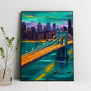 Puente de Brooklyn Obra de arte original Nueva York Ciudad de Nueva York Decoración de arte Boho Retro Travel Poster Imprimible Arte de pared