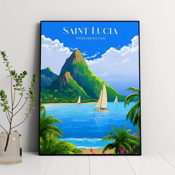 Saint Lucia Travel Print, Travel Poster of Saint Lucia, Windward Islands, Caribbean Travel, Travel Poster, St Lucia Print