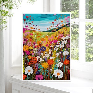 Daisy Meadow Landscape Floral Botanical Art Print Colorful Wall Art Maximalist Art Abstract Wall Art Scenery Art Print