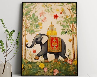 Indian Art, Nature Poster Prints, Living Room Decor, Printable wall art, Indian Vintage Palace Elephant Illustration, Animal Poster