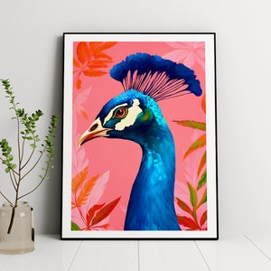 Pauwillustratie, afdrukbaar, jungle tropische kunst illustratie boho muurkunst dierenschilderij