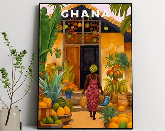 Ghana illustration, Ghana Wall Art, Africa Travel, Travel Print, Tropical Art, Botanical illustration, African Village, Africa