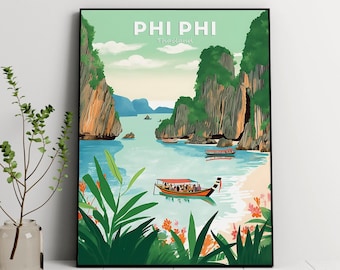 May include: A vintage travel poster featuring a scenic view of Phi Phi Island in Thailand. The poster depicts a turquoise bay surrounded by lush green cliffs and a longtail boat with passengers. The text "PHI PHI Thailand" is displayed at the top of the poster.